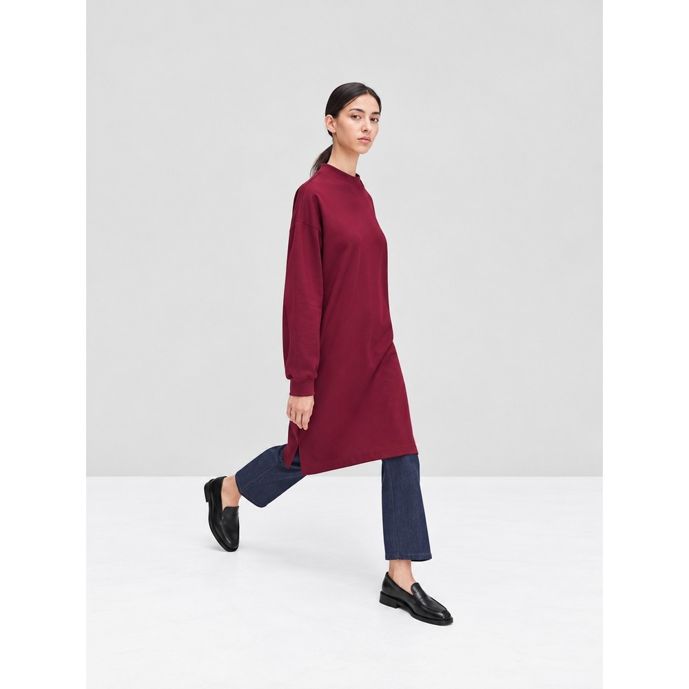 Uniqlo U Womens 100% Cotton T-Shirt Dress XL Burgundy Mock Neck Long Sleeve Midi